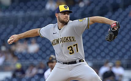 Jun 30, 2022; Pittsburgh, Pennsylvania, USA; Milwaukee Brewers starting pitcher Adrian Houser (37) throws a pitch against the Pittsburgh Pirates during the first inning at PNC Park. Mandatory Credit: Charles LeClaire-USA TODAY Sports