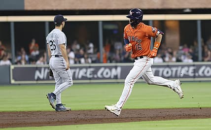 Jul 29, 2022; Houston, Texas, USA; Houston Astros left fielder Aledmys Diaz (16) rounds the bases after hitting a three run home run against Seattle Mariners starting pitcher Robbie Ray (38) (not pictured) at Minute Maid Park. Mandatory Credit: Thomas Shea-USA TODAY Sports