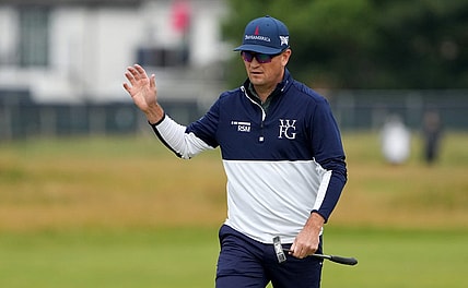 July 21, 2023; Hoylake, ENGLAND, GBR; Zach Johnson reacts after a putt on the second hole during the second round of The Open Championship golf tournament at Royal Liverpool. Mandatory Credit: Kyle Terada-USA TODAY Sports