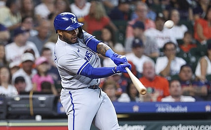 Sep 24, 2023; Houston, Texas, USA; Kansas City Royals right fielder Nelson Velazquez (17) hits a home run during the second inning against the Houston Astros at Minute Maid Park. Mandatory Credit: Troy Taormina-USA TODAY Sports