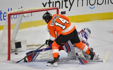Feb 18, 2021; Philadelphia, Pennsylvania, USA; Philadelphia Flyers center Sean Couturier (14) scores a goal against New York Rangers goaltender Alexandar Georgiev (40) during the shootout period at Wells Fargo Center. Mandatory Credit: Eric Hartline-USA TODAY Sports
