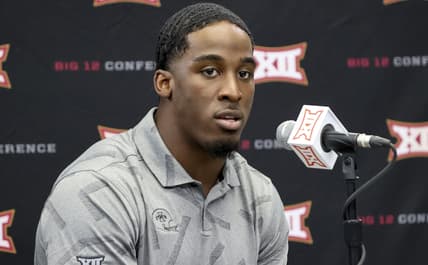 Jul 14, 2021; Arlington, TX, USA;  Iowa State Cyclones running back Breece Hall speaks to the media during Big 12 media days at AT&T Stadium. Mandatory Credit: Kevin Jairaj-USA TODAY Sports