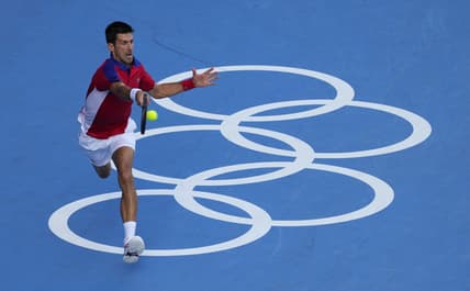 Jul 31, 2021; Tokyo, Japan; Novak Djokovic (SRB) plays Pablo Carreno Busta (ESP) in the men's tennis bronze medal match during the Tokyo 2020 Olympic Summer Games at Ariake Tennis Park. Mandatory Credit: Robert Deutsch-USA TODAY Sports