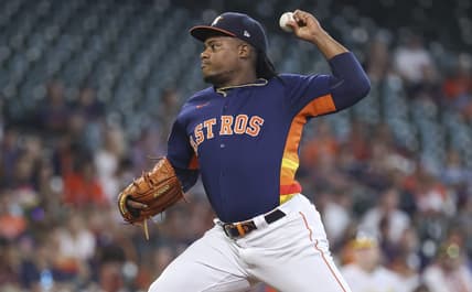 Sep 18, 2022; Houston, Texas, USA; Houston Astros starting pitcher Framber Valdez (59) delivers a pitch during the first inning against the Oakland Athletics at Minute Maid Park. Mandatory Credit: Troy Taormina-USA TODAY Sports
