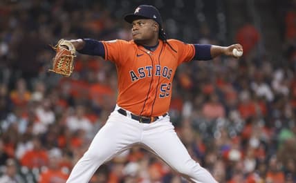 Sep 30, 2022; Houston, Texas, USA; Houston Astros starting pitcher Framber Valdez (59) delivers a pitch during the first inning against the Tampa Bay Rays at Minute Maid Park. Mandatory Credit: Troy Taormina-USA TODAY Sports