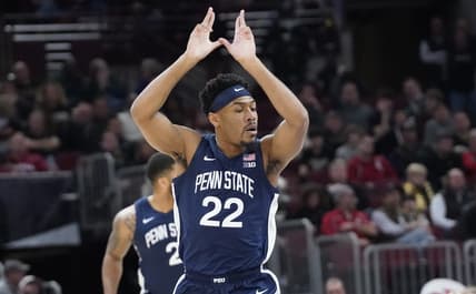 Mar 11, 2023; Chicago, IL, USA; Penn State Nittany Lions guard Jalen Pickett (22) gestures after making a three point basket against the Indiana Hoosiers during the first half at United Center. Mandatory Credit: David Banks-USA TODAY Sports