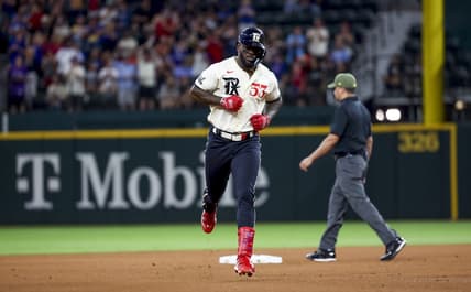 May 19, 2023; Arlington, Texas, USA;  TTexas Rangers right fielder Adolis Garcia (53) runs the bases after hitting a two-run home run during the fourth inning against the Colorado Rockies at Globe Life Field. Mandatory Credit: Kevin Jairaj-USA TODAY Sports