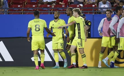 Jun 3, 2023; Frisco, Texas, USA;  Nashville SC midfielder Hany Mukhtar (10) celebrates with teammates after scoring a goal during the second half against FC Dallas at Toyota Stadium. Mandatory Credit: Kevin Jairaj-USA TODAY Sports