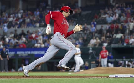 Jun 13, 2023; Arlington, Texas, USA;  Los Angeles Angels designated hitter Shohei Ohtani (17) rounds third base and scores during the ninth inning against the Texas Rangers at Globe Life Field. Mandatory Credit: Kevin Jairaj-USA TODAY Sports
