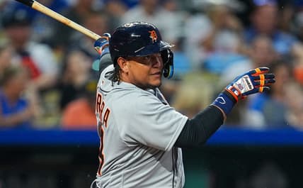 Jul 19, 2023; Kansas City, Missouri, USA; Detroit Tigers designated hitter Miguel Cabrera (24) hits an RBI single during the sixth inning against the Kansas City Royals at Kauffman Stadium. Mandatory Credit: Jay Biggerstaff-USA TODAY Sports