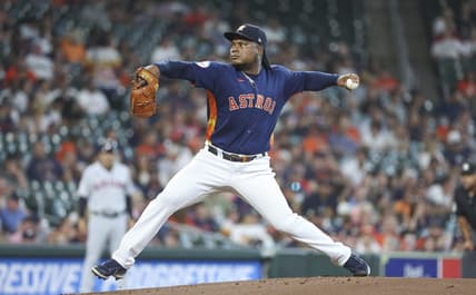 Aug 1, 2023; Houston, Texas, USA; Houston Astros starting pitcher Framber Valdez (59) delivers a pitch during the first inning against the Cleveland Guardians at Minute Maid Park. Mandatory Credit: Troy Taormina-USA TODAY Sports