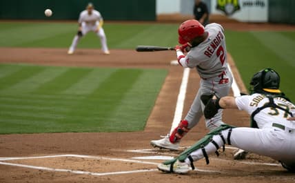 Sep 2, 2023; Oakland, California, USA; Los Angeles Angels right fielder Luis Rengifo (2) pops up a ball to short left field that allowed Nolan Schanuel to tag and score from third base against the Oakland Athletics during the first inning at Oakland-Alameda County Coliseum. Mandatory Credit: D. Ross Cameron-USA TODAY Sports
