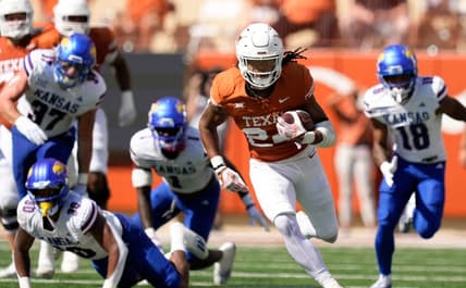 Texas Longhorns running back Jonathon Brooks makes a long run against the Kansas Jayhawks in the second quarter at Royal-Memorial Stadium on Saturday September 30, 2023.
