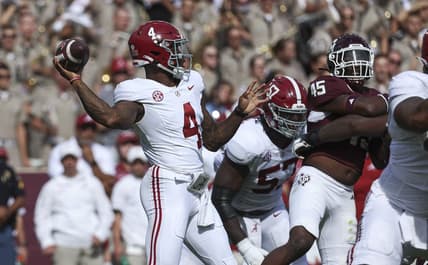 Oct 7, 2023; College Station, Texas, USA; Alabama Crimson Tide quarterback Jalen Milroe (4) attempts a pass during the second quarter against the Texas A&M Aggies at Kyle Field. Mandatory Credit: Troy Taormina-USA TODAY Sports