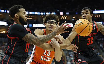 Mar 20, 2022; Pittsburgh, PA, USA; Illinois Fighting Illini forward Benjamin Bosmans-Verdonk (13) attempts to get a rebound against Houston Cougars guard Kyler Edwards (11) and forward Reggie Chaney (32) in the first half during the second round of the 2022 NCAA Tournament at PPG Paints Arena. Mandatory Credit: Geoff Burke-USA TODAY Sports