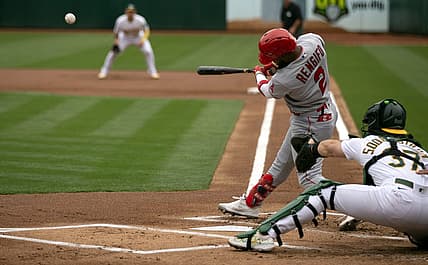 Sep 2, 2023; Oakland, California, USA; Los Angeles Angels right fielder Luis Rengifo (2) pops up a ball to short left field that allowed Nolan Schanuel to tag and score from third base against the Oakland Athletics during the first inning at Oakland-Alameda County Coliseum. Mandatory Credit: D. Ross Cameron-USA TODAY Sports
