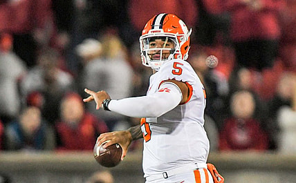 Clemson quarterback D.J. Uiagalelei (5) throws a 46-yard pass to wide receiver Beaux Collins (80) for a touchdown during the first quarter at Cardinal Stadium in Louisville, Kentucky Saturday, November 6, 2021.

Ncaa Football Clemson At Louisville