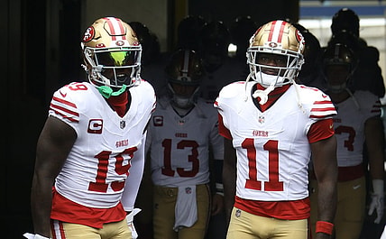 Sep 10, 2023; Pittsburgh, Pennsylvania, USA;  San Francisco 49ers wide receivers Deebo Samuel (19) and Brandon Aiyuk (11) take the field against the Pittsburgh Steelers at Acrisure Stadium. Mandatory Credit: Charles LeClaire-USA TODAY Sports