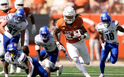 Texas Longhorns running back Jonathon Brooks makes a long run against the Kansas Jayhawks in the second quarter at Royal-Memorial Stadium on Saturday September 30, 2023.