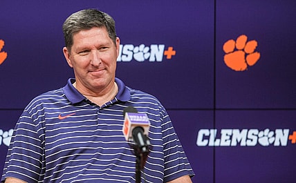 Clemson men's basketball Brad Brownell talks in the Smart Family Media Center at the Smart Family Media Center at the Poe Indoor Practice Facility in Clemson, S.C. Tuesday, November 14, 2023.
