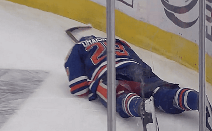 Vegas Golden Knights defenseman Alex Pietrangelo slashes Leon Draisaitl, Edmonton Oilers