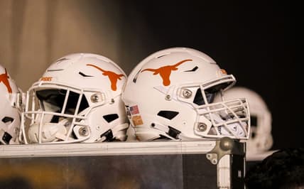 Oct 5, 2019; Morgantown, WV, USA; Texas Longhorns helmets sit in the tunnel at Mountaineer Field at Milan Puskar Stadium. Mandatory Credit: Ben Queen-USA TODAY Sports