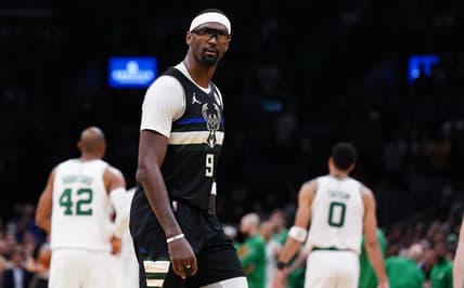 May 11, 2022; Boston, Massachusetts, USA; Milwaukee Bucks center Bobby Portis (9) reacts to the crowd as they take on the Boston Celtics in the second half during game five of the second round for the 2022 NBA playoffs at TD Garden. Mandatory Credit: David Butler II-USA TODAY Sports