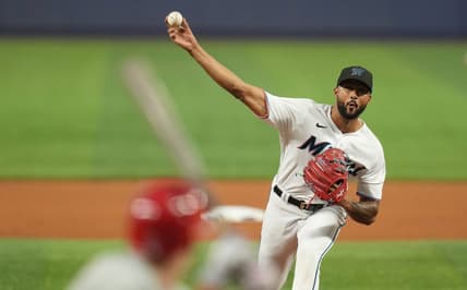 Sep 13, 2022; Miami, Florida, USA; Miami Marlins starting pitcher Sandy Alcantara (22) delivers against the Philadelphia Phillies in the first inning at loanDepot Park. Mandatory Credit: Jim Rassol-USA TODAY Sports
