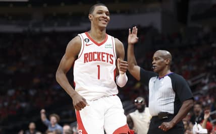 Oct 2, 2022; Houston, Texas, USA; Houston Rockets forward Jabari Smith Jr. (1) reacts after making a basket during the second quarter against the San Antonio Spurs at Toyota Center. Mandatory Credit: Troy Taormina-USA TODAY Sports