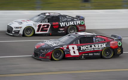 Apr 23, 2023; Talladega, Alabama, USA; NASCAR Cup Series drivers Kyle Busch (8) and Ryan Blaney (12) at Talladega Superspeedway. Mandatory Credit: Marvin Gentry-USA TODAY Sports