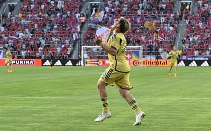 Jun 21, 2023; St. Louis, Missouri, USA; Real Salt Lake midfielder Diego Luna (26) celebrates a goal against the St. Louis City in the first half in a MLS game at CITYPARK. Mandatory Credit: Scott Rovak-USA TODAY Sports