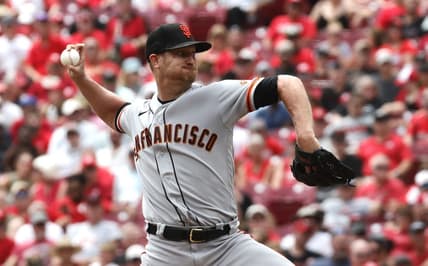 Jul 20, 2023; Cincinnati, Ohio, USA; San Francisco Giants starting pitcher Alex Cobb (38) throws against the Cincinnati Reds during the first inning at Great American Ball Park. Mandatory Credit: David Kohl-USA TODAY Sports
