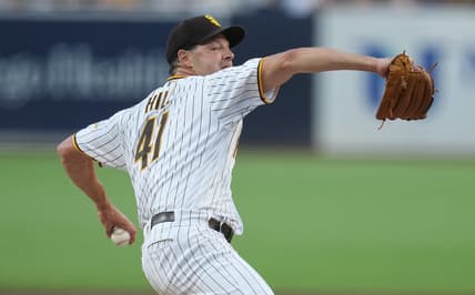Aug 17, 2023; San Diego, California, USA;  San Diego Padres starting pitcher Rich Hill (41) throws a pitch against the Arizona Diamondbacks during the first inning at Petco Park. Mandatory Credit: Ray Acevedo-USA TODAY Sports
