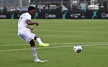 Jul 19, 2023; Annapolis, MD, USA; MLS NEXT East player Tahir Reid-Brown (17) of Orlando City SC scores on a penalty kick during a shootout in the 2023 MLS NEXT All Star Game at Glenn Warner Soccer Facility at the Naval Academy. Mandatory Credit: Reggie Hildred-USA TODAY Sports