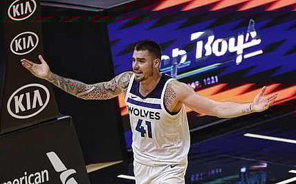 May 7, 2021; Miami, Florida, USA; Minnesota Timberwolves forward Juancho Hernangomez (41) reacts after being called for a foul during the second half against the Miami Heat at American Airlines Arena. Mandatory Credit: Rhona Wise-USA TODAY Sports