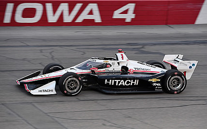 Jul 18, 2020; Newton, Iowa, USA; Indy Series driver Josef Newgarden (1) competes during the Iowa Indycar 250 at Iowa Speedway. Mandatory Credit: Mike Dinovo-USA TODAY Sports