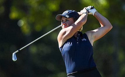Oct 1, 2022; Tuscaloosa, AL, USA; Dani Holmqvist hits from the 9th tee during the second round of the Tuscaloosa Toyota Classic, an Epson Tour event, at Ol' Colony Golf Complex

Golf Round 2 Epson Tour Tuscaloosa Toyota Classic