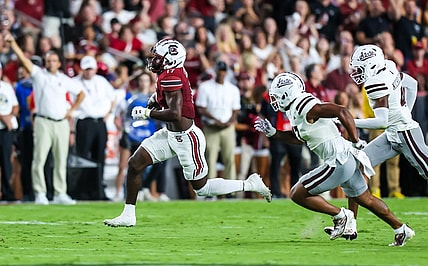 Sep 23, 2023; Columbia, South Carolina, USA; South Carolina Gamecocks wide receiver Xavier Legette (17) scores on a 76-yard touchdown reception against the Mississippi State Bulldogs in the first quarter at Williams-Brice Stadium. Mandatory Credit: Jeff Blake-USA TODAY Sports