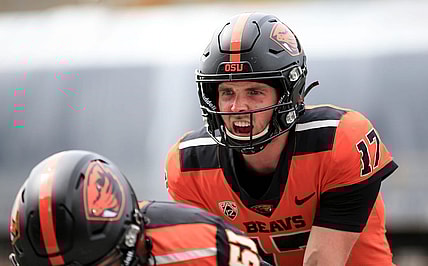 Oregon State quarterback Ben Gulbranson (17) warms up before the spring showcase at Reser Stadium, Saturday, April 22, 2023, in Corvallis, Ore.

Oregon State Spring Game36