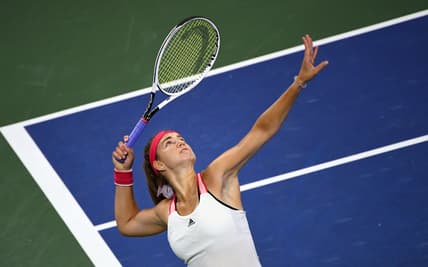 Sep 7, 2020; Flushing Meadows, New York, USA; Karolina Muchova of the Czech Republic serves the ball against Victoria Azarenka of Belarus on day eight of the 2020 U.S. Open tennis tournament at USTA Billie Jean King National Tennis Center. Mandatory Credit: Robert Deutsch-USA TODAY Sports