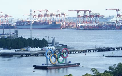 July 16, 2021; Tokyo, JAPAN;  General view of the Olympic rings seen in Tokyo Bay before the Tokyo 2020 Summer Olympic Games. Mandatory Credit: Rob Schumacher-USA TODAY Sports