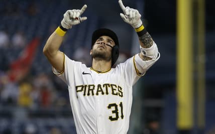 Aug 24, 2021; Pittsburgh, Pennsylvania, USA;  Pittsburgh Pirates second baseman Michael Chavis (31) gestures crossing home plate on a solo home run against the Arizona Diamondbacks during the third inning at PNC Park. Mandatory Credit: Charles LeClaire-USA TODAY Sports