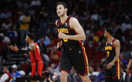 Apr 10, 2022; Houston, Texas, USA; Atlanta Hawks forward Danilo Gallinari (8) reacts after scoring a basket during the second quarter against the Houston Rockets at Toyota Center. Mandatory Credit: Troy Taormina-USA TODAY Sports