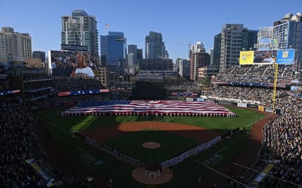 Apr 14, 2022; San Diego, California, USA; A general overview of Petco Park during the playing of the national anthem before the game between the San Diego Padres and the Atlanta Braves. Mandatory Credit: Orlando Ramirez-USA TODAY Sports