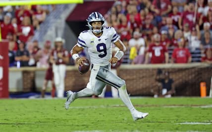 Sep 24, 2022; Norman, Oklahoma, USA;  Kansas State Wildcats quarterback Adrian Martinez (9) looks to pass during the second half against the Oklahoma Sooners at Gaylord Family-Oklahoma Memorial Stadium. Mandatory Credit: Kevin Jairaj-USA TODAY Sports