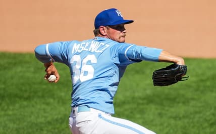 Aug 28, 2022; Kansas City, Missouri, USA; Kansas City Royals relief pitcher Anthony Misiewicz (36) pitches against the San Diego Padres during the seventh inning at Kauffman Stadium. Mandatory Credit: Jay Biggerstaff-USA TODAY Sports