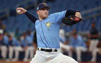 Mar 19, 2023; St. Petersburg, Florida, USA;  Tampa Bay Rays starting pitcher Drew Rasmussen (57) throws a pitch against the Toronto Blue Jays during the second inning at Tropicana Field. Mandatory Credit: Kim Klement-USA TODAY Sports