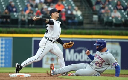 Detroit Tigers shortstop Javier Baez (28) forces out New York Mets first baseman Pete Alonso (20) during second-inning action in Game 2 of a doubleheader at Comerica Park in Detroit on Wednesday, May 3, 2023.

Tigersmets2 050323 Kd755