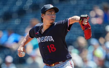 Jul 30, 2023; Kansas City, Missouri, USA; Minnesota Twins starting pitcher Kenta Maeda (18) pitches during the first inning against the Kansas City Royals at Kauffman Stadium. Mandatory Credit: Jay Biggerstaff-USA TODAY Sports