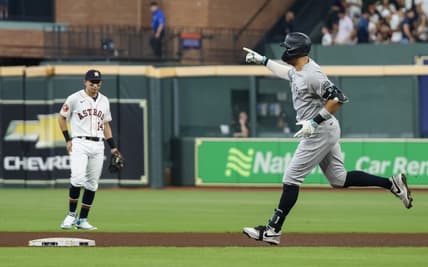Sep 2, 2023; Houston, Texas, USA; New York Yankees right fielder Aaron Judge (99) rounds the bases after hitting a home run against Houston Astros starting pitcher Hunter Brown (58)(not pictured) in the third inning at Minute Maid Park. Mandatory Credit: Thomas Shea-USA TODAY Sports